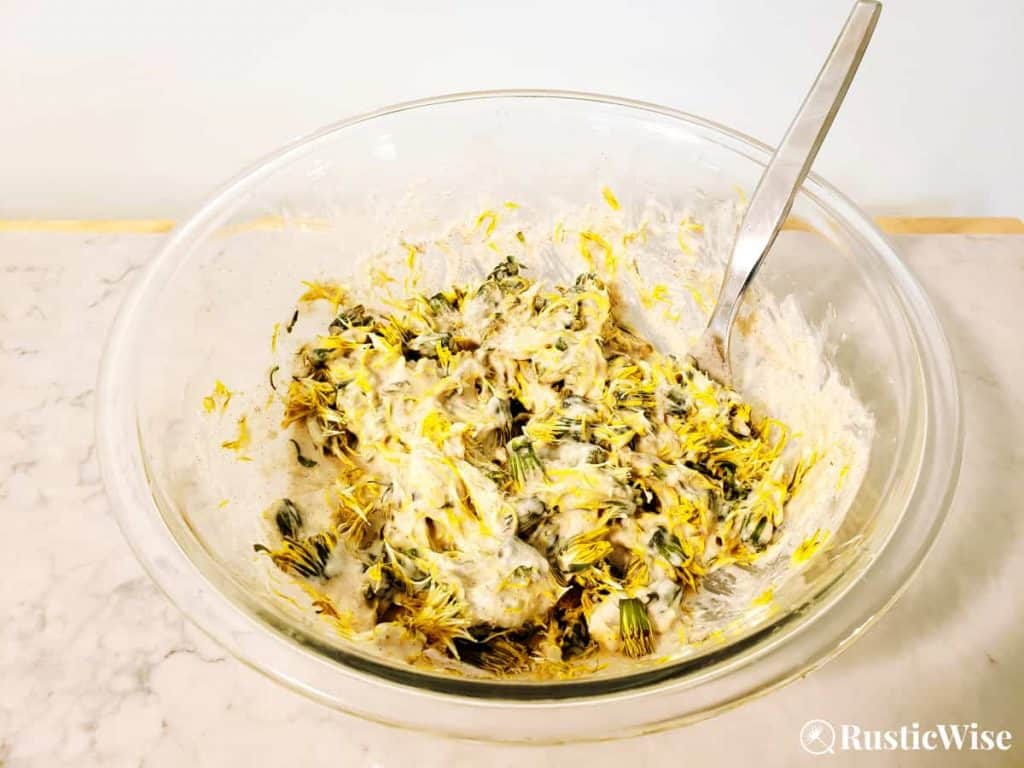 RusticWise, dandelion flower recipe, mixing fritter dough